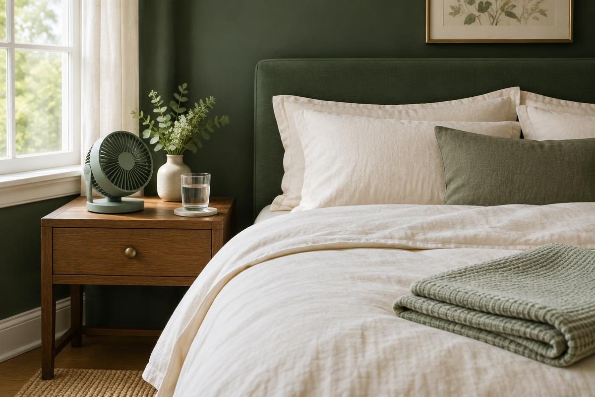 Lightweight ivory bedding, a bedside fan and water in a green bedroom
