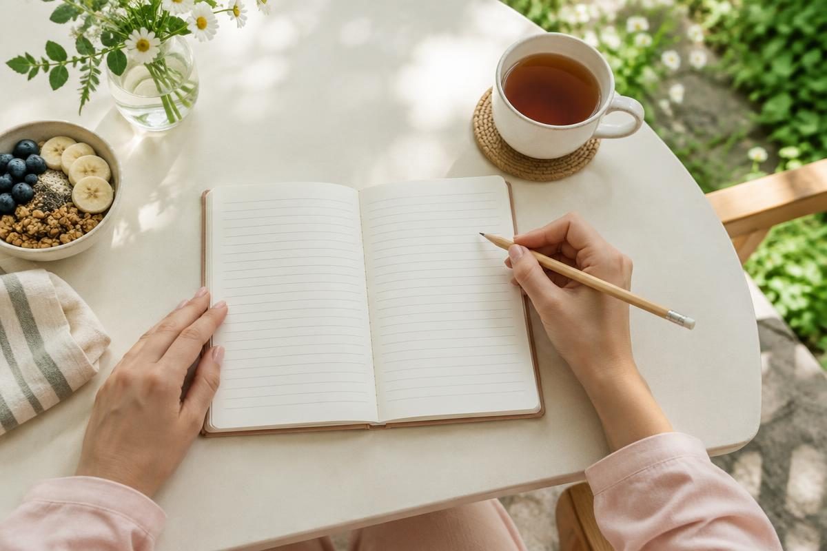 Hands recording morning observations in a lined notebook